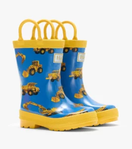 Hatley Construction Trucks waterproof rain boots for toddler boys with side handles and slip-resistant soles
