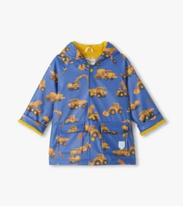 Hatley Construction Trucks waterproof rain jacket for toddler boys with hood and snap-front closure