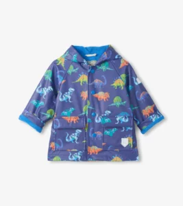 Hatley Dino Party waterproof rain jacket for toddler boys with hood and snap-front closure