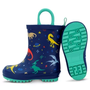 Jan & Jul Puddle-Dry Space Dinos natural rubber rain boots for toddler boys with easy-on handles