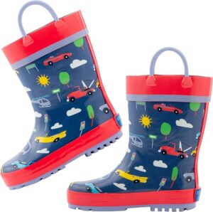 Stephen Joseph Transportation waterproof rain boots for toddler boys with easy-on loops and rubber soles