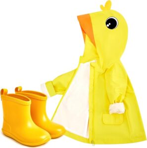 Twistover yellow duck raincoat and matching rain boots set for toddlers