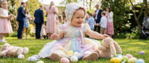 baby girl wearing a fancy infant Easter dress for Easter celebration baby girl wearing a fancy infant Easter dress for Easter celebration