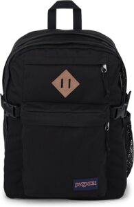 Black JanSport Main Campus Backpack with laptop compartment and multiple storage pockets for teens and students