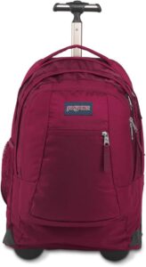 JanSport Driver 8 Rolling Backpack in Russet Red with wheels, telescopic handle, and 15-inch laptop sleeve for students