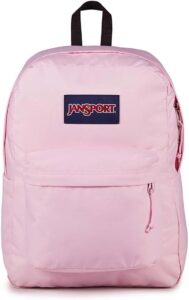 Pink Ice JanSport SuperBreak Plus Backpack with laptop sleeve and front organizer pocket for teen girls