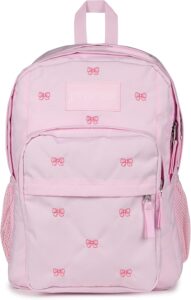 JanSport Big Plans Backpack in Embroidered Bows print with recycled fabric, laptop compartment, and spacious storage