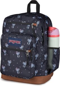 JanSport Cool Backpack in Pastel Petals black, blue, pink, and green print with laptop sleeve for school