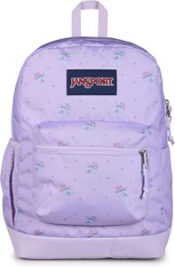 JanSport Cross Town Plus Backpack in Pastel Petals lilac, blue, pink, and green with padded laptop sleeve and floral design