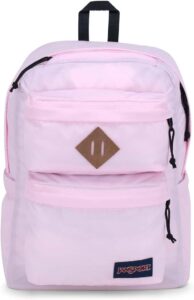 JanSport Double Break Backpack in Pink Ice with padded laptop compartment, dual water bottle pockets, and organized storage