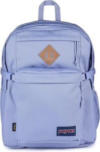 JanSport Main Campus Backpack in Lavender Ash with laptop compartment and organized storage for students