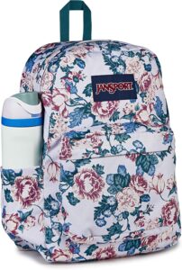JanSport SuperBreak Plus Backpack in Rustic Roses Moon Flower print with padded laptop sleeve and front organizer pocket