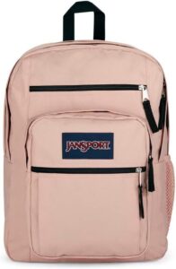 JanSport Big Student Backpack in Black with two large compartments, padded laptop sleeve, front organizer pocket, and side water bottle pocket for elementary school students