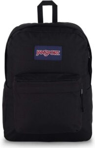 JanSport SuperBreak Plus backpack with padded 15-inch laptop compartment, ergonomic shoulder straps, front organizer pocket, and side water bottle pocket for school