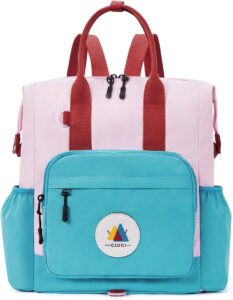 Pink and blue toddler backpack with colorful design, front pocket, side bottle pockets, and adjustable straps for preschool and daycare use.