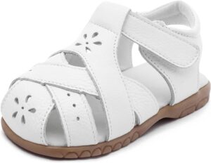 White Femizee toddler girls leather dress sandals with closed toe, hook-and-loop strap, and flower detail White Femizee toddler girls leather dress sandals with closed toe, hook-and-loop strap, and flower detail