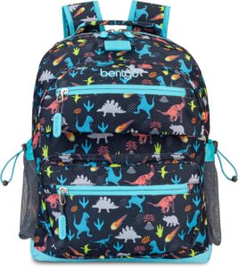 Bentgo kids backpack with padded adjustable straps, multiple zippered compartments, mesh water bottle pockets, and water-resistant fabric for preschool and kindergarten children