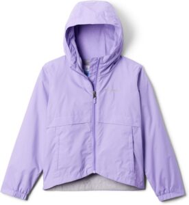 Columbia toddler rain jacket with waterproof outer shell, fleece lining, hood, and reflective details for rainy weather.