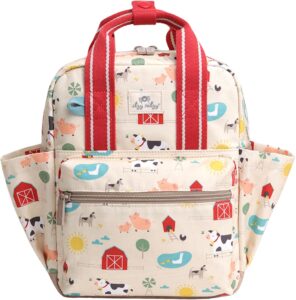 Itzy Ritzy toddler backpack with adjustable shoulder straps, front zip pocket, two side water bottle pockets, and durable cotton exterior for daycare and preschool