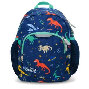 Jan & Jul Space Dinos mini backpack with water-resistant fabric, padded shoulder straps, sternum strap, and side water bottle pockets for toddlers and preschoolers