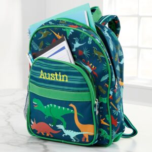 Personalized dinosaur toddler backpack with embroidered name, padded straps, mesh side pocket, and colorful dino print for preschool children