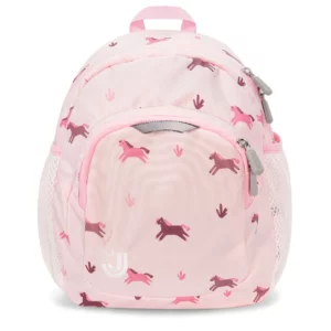 Pink pony print toddler mini backpack with adjustable padded straps, front pocket, and side pockets for preschool and daycare essentials