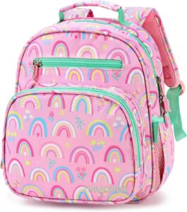 Rainbow pink toddler backpack with insulated front snack pocket, side water bottle pocket, padded straps, and lightweight design for preschool children