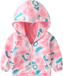Toddler waterproof windbreaker jacket with fleece lining, hood, and zipper, designed for warmth and protection in rainy and windy weather.
