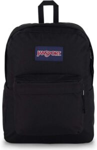 Black JanSport SuperBreak Plus backpack with padded shoulder straps, front organizer pocket, laptop compartment, and side water bottle pocket