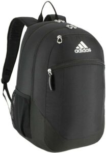 Black adidas Striker Backpack with multiple zippered compartments, padded shoulder straps, and a practical design for school and sports