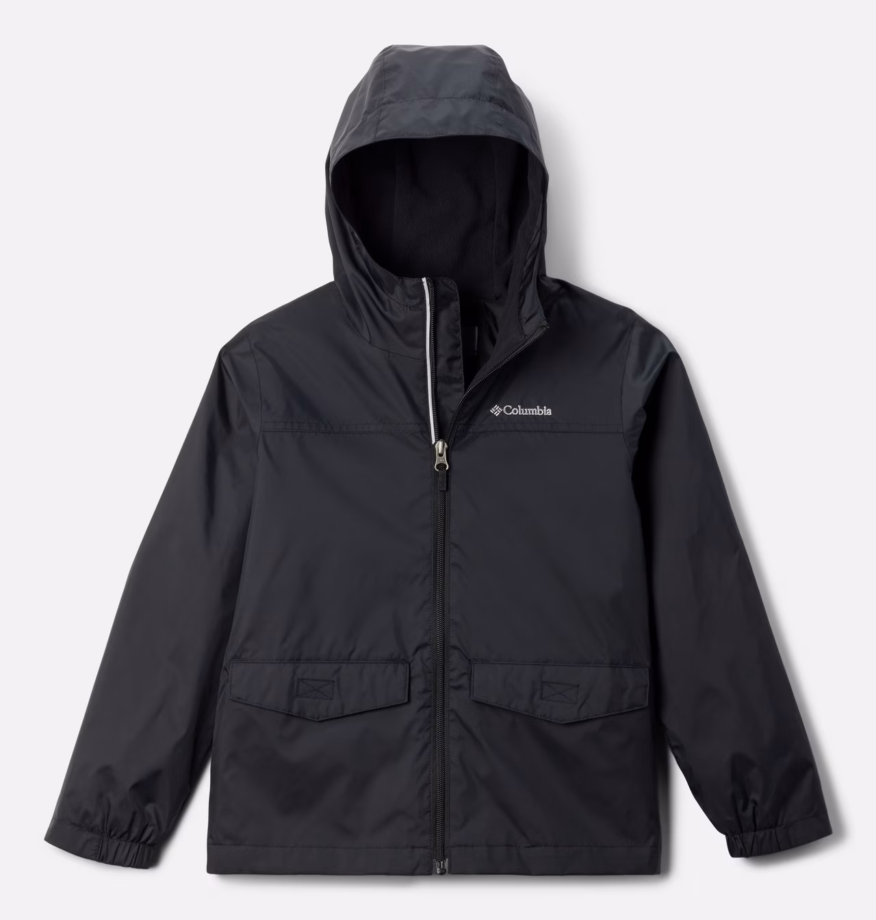 Columbia Boys' Rain-Zilla II water-resistant jacket with fleece lining, adjustable hood, and front zipper