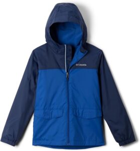 Columbia Rain-Zilla waterproof jacket for kids with fleece lining, adjustable hood, elastic cuffs, and front pockets