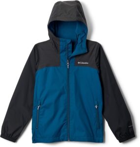 Columbia Trails fleece-lined waterproof jacket for kids with adjustable hood, zippered pockets, and reflective accents