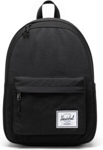 Herschel Classic Backpack with padded shoulder straps, front pocket, and side water bottle pocket, suitable for middle school students and 13-inch or 14-inch laptops