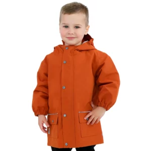 Jan & Jul kids fleece-lined rain jacket in terracotta with hood, waterproof outer layer, and warm fleece lining