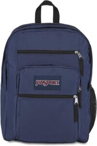 JanSport Big Student Backpack in navy with two spacious compartments, front organizer pocket, and side water bottle pocket