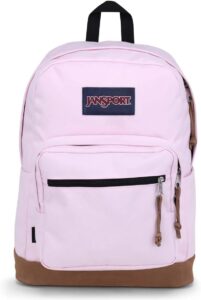 JanSport Right Pack Backpack with suede leather bottom, padded laptop sleeve, and spacious main compartment for school and everyday use