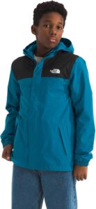 The North Face Antora waterproof rain jacket for boys with hood, front zipper, and secure zippered pockets