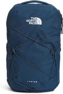 The North Face Jester 28L backpack in black with padded shoulder straps, large main compartment, front pocket, and side water bottle pockets