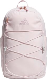 adidas Amplifier school backpack with spacious main compartment, padded laptop sleeve, bungee front pocket, and two side water bottle pockets