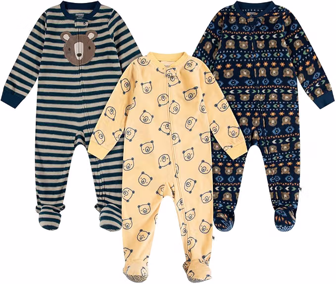 3-pack footed fleece coverall pajamas for babies and toddlers with bear prints, two-way zippers, and silicone grippers