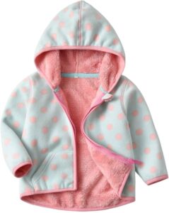 Achiyi toddler fleece jacket with hood, soft cartoon-print fleece, full-zip front, and two side pockets
