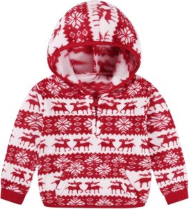 Adarl toddler girl Christmas Elk Red fleece jacket with festive elk print, 1/3 zip front, cozy pocket, and contrast trim