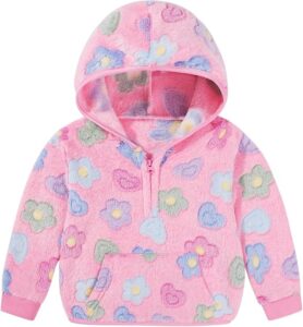 Adarl toddler girl pink fleece jacket with 1/3 zip front, cozy pocket, contrast trim, and soft fluffy fabric