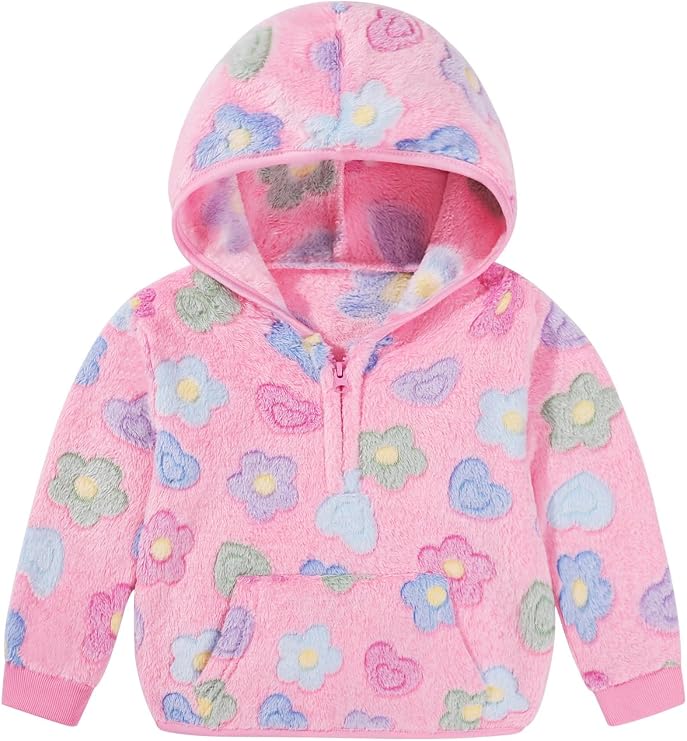 Adarl toddler girl pink fleece jacket with 1/3 zip front, cozy pocket, contrast trim, and soft fluffy fabric