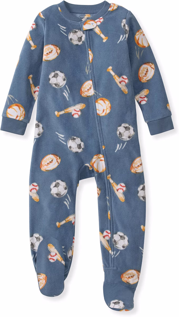 Burt's Bees Baby Go Team 1-pack fleece footie pajamas for toddler boys with a sporty print, diagonal zipper, and non-slip bee grips Burt's Bees Baby Go Team 1-pack fleece footie pajamas for toddler boys with a sporty print, diagonal zipper, and non-slip bee grips