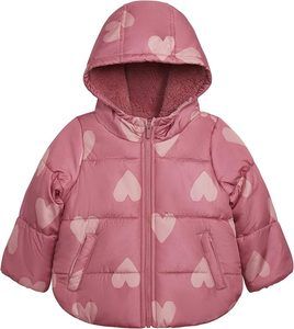 Carter's girls' fleece-lined puffer jacket featuring a lightweight quilted shell, attached hood, full-length zipper, elastic cuffs, and two front pockets