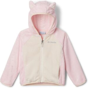 Columbia toddler sherpa jacket with plush fleece, hood, fleece-lined pockets, and soft binding at the cuffs and hem