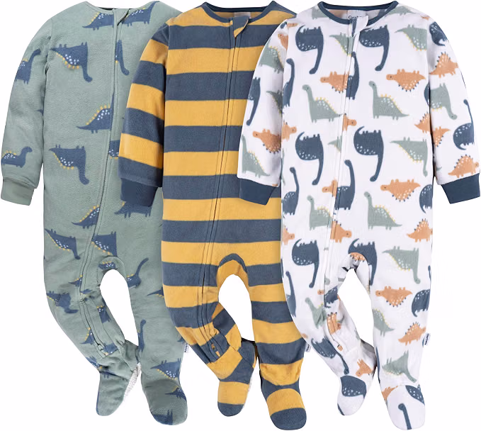Gerber 3-pack fleece footed pajamas for babies and toddlers with two-way zippers, cozy microfleece, and non-skid soles Gerber 3-pack fleece footed pajamas for babies and toddlers with two-way zippers, cozy microfleece, and non-skid soles