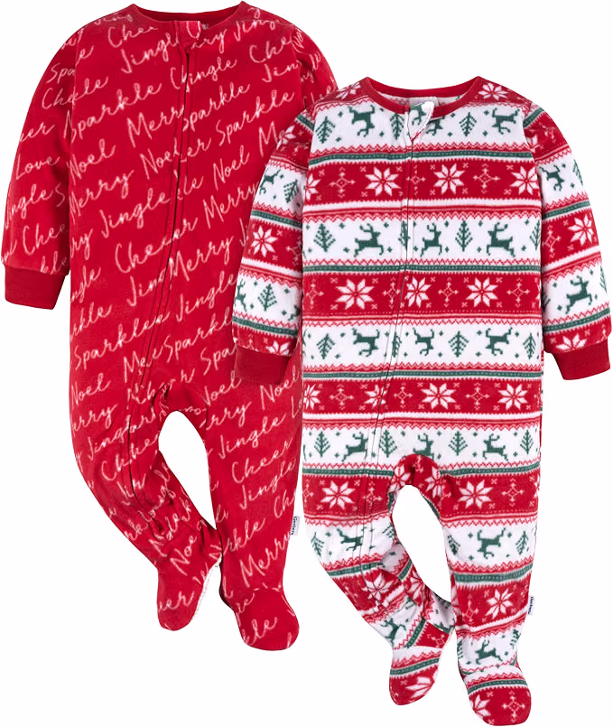 Gerber Deer Fairisle 2-pack fleece footed pajamas for babies and toddlers with a festive red and green deer pattern and two-way zippers Gerber Deer Fairisle 2-pack fleece footed pajamas for babies and toddlers with a festive red and green deer pattern and two-way zippers
